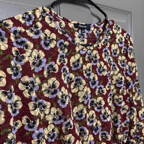 Madewell Drawstring Ruffle-Hem Top Viola Floral Pansy Print S - Picture 2 of 10